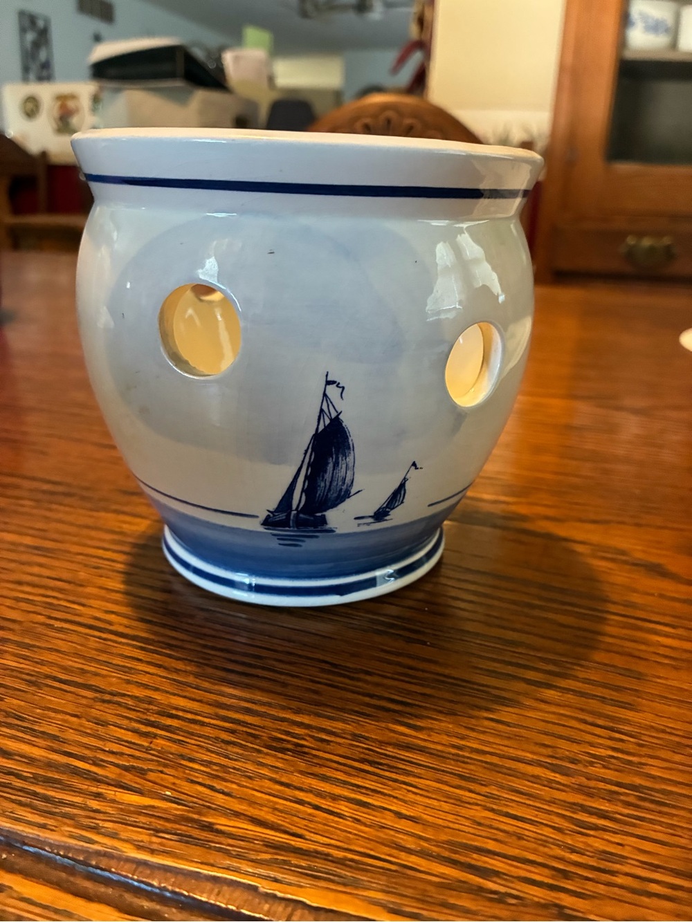 Hand-Painted Blue & White Sailboat Ceramic Candle Holder